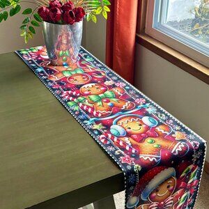 72" Whimsical Vibrant Gingerbread People Candy Snowflakes Christmas Table Runner